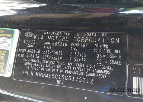 2016 Kia Sedona Sx Luxury z USA, uszkodzony, nr VIN KNDME5C15G6175212